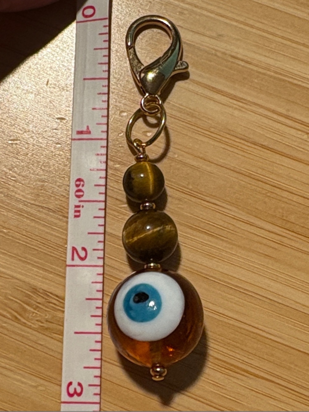 Hand Crafted Tiger’s Eye Evil Eye Glass Bead Keychain Charm in Amber & Blue - Picture 4 of 5
